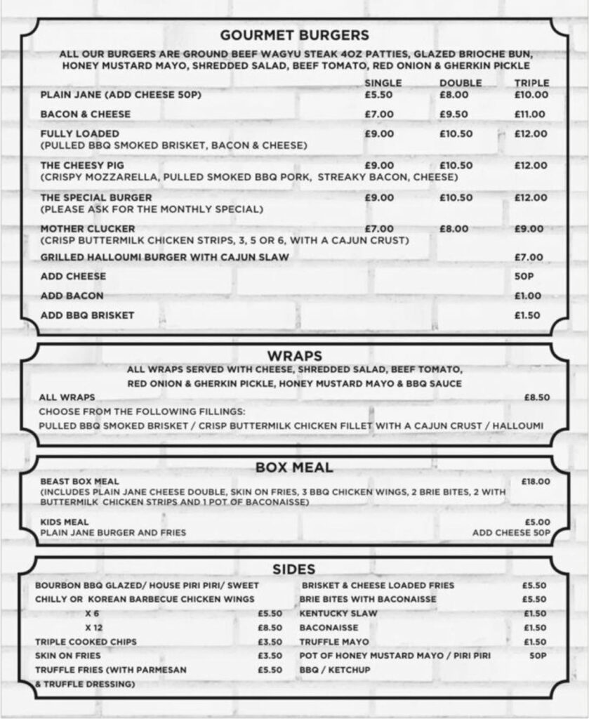 Wagyu Burgers Menu